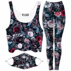 Ready To Ship Blue Garden Crop Top And Leggings With PM 2.5 Face Mask Combo