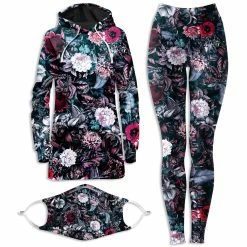 Ready To Ship Blue Garden Hoodie Dress And Leggings With PM 2.5 Face Mask Combo
